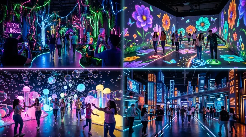 Different themed zones inside House of Hype Dubai including neon jungle, bubble room, and digital spaces