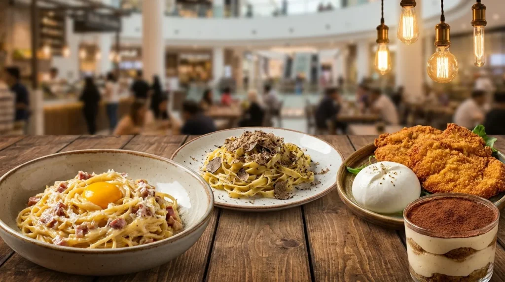 Jamie’s Italian dining with carbonara, truffle pasta, burrata, crispy chicken, and tiramisu in a busy mall restaurant