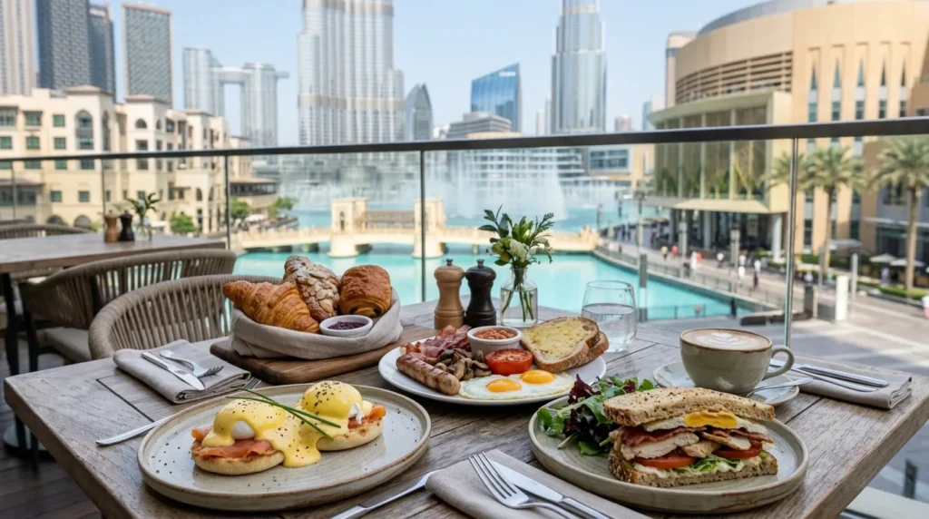 Breakfast at Joes Cafe Dubai Mall with Burj Khalifa view, eggs Benedict, pastries, toast, and coffee