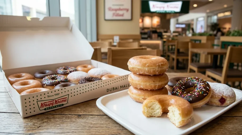 Krispy Kreme Dubai Mall donuts box with glazed and chocolate sprinkle donuts