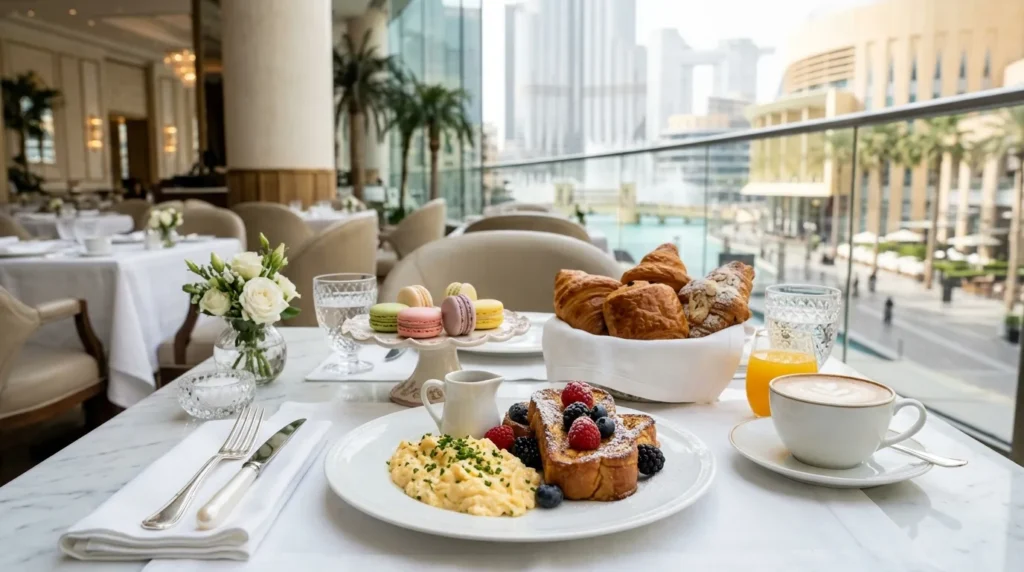 Luxury French breakfast at Laduree Dubai Mall with macarons, pastries, French toast, eggs, and coffee