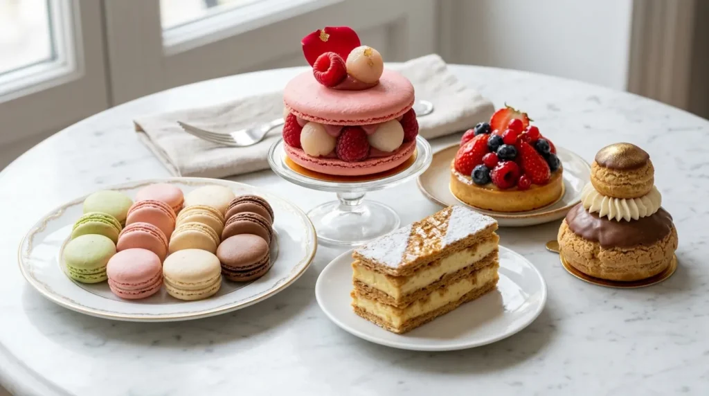 Laduree Dubai Mall desserts with macarons, Ispahan cake, fruit tart and mille feuille on marble table