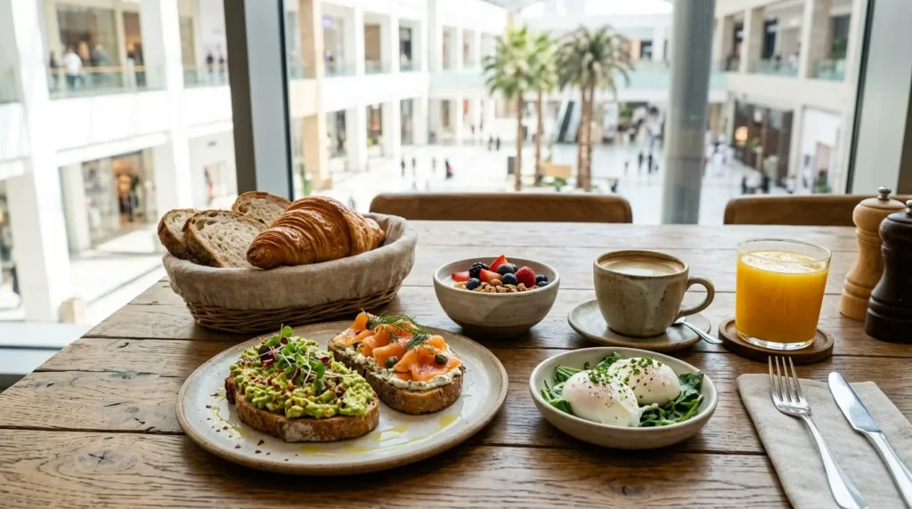 Organic breakfast at Le Pain Quotidien Dubai Mall with sourdough tartines, avocado toast, croissant, eggs, yogurt, coffee, and fresh juice
