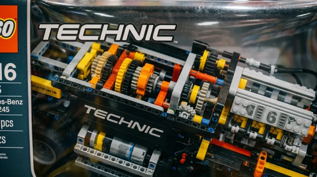 LEGO Technic set with gears and engine details displayed at LEGO Certified Store Dubai Mall