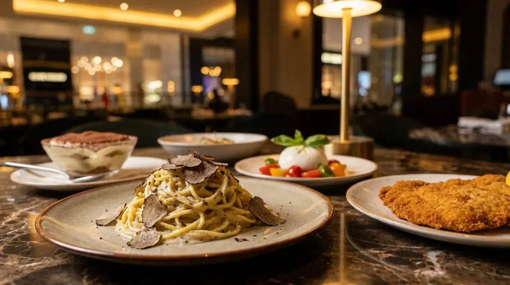 Luxury Italian dining table with truffle pasta, tiramisu, burrata, and crispy chicken in an elegant restaurant setting