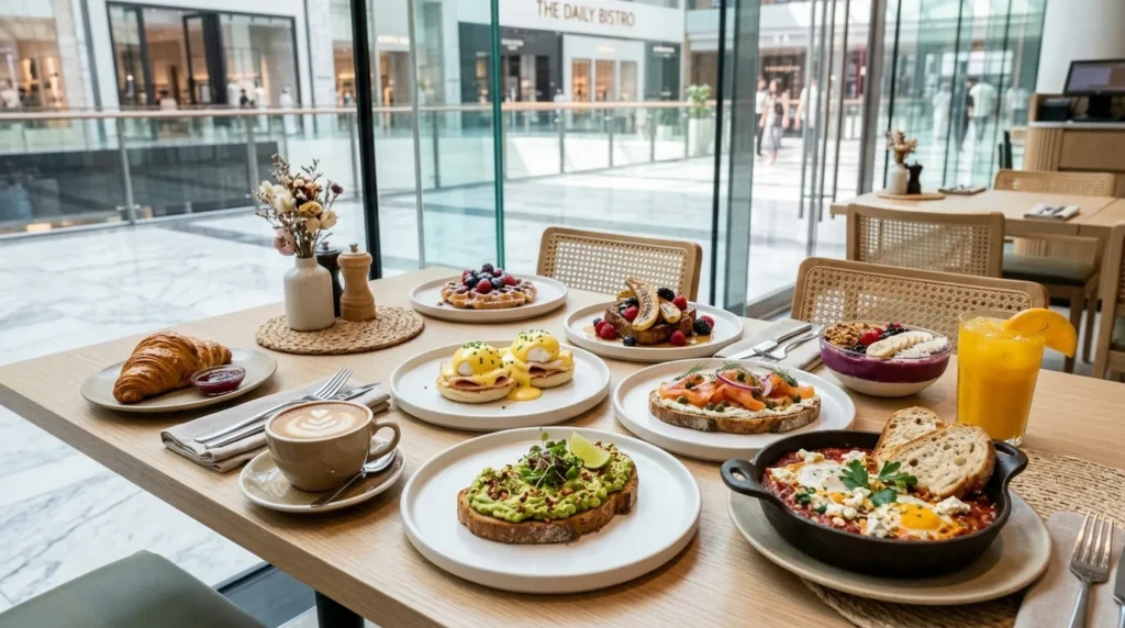 Healthy breakfast at Mint Dubai Mall with avocado toast, eggs Benedict, shakshouka, acai bowl, waffles, and coffee