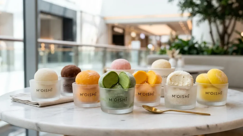 M’OISHI Dubai Mall mochi ice cream in mango matcha chocolate and strawberry flavors