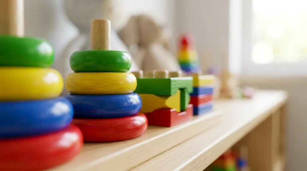 Colorful wooden stacking rings and educational toys displayed at My Little Thieves Dubai Mall