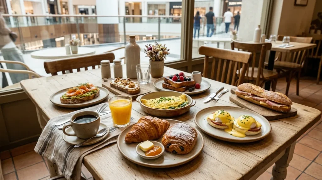 French breakfast at PAUL Dubai Mall with croissants, pain au chocolat, eggs Benedict, omelette, tartines, and coffee