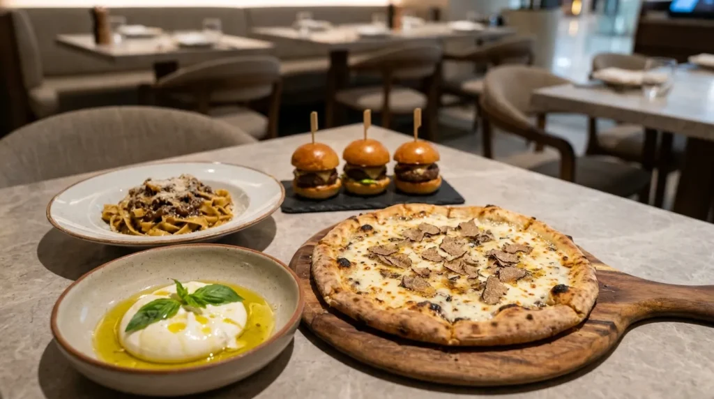 Public Italian dining with truffle pizza, burrata, truffle pasta, and mini sliders in a modern restaurant setting