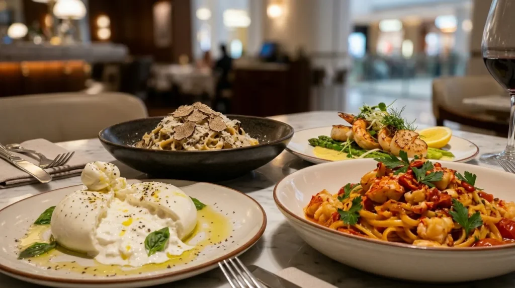 Scalini Cucina Italian fine dining with truffle pasta, burrata, seafood pasta, grilled shrimp, and lobster in an elegant restaurant