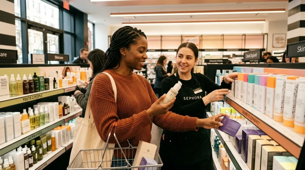 Customer buying skincare products with staff help at Sephora Dubai Mall