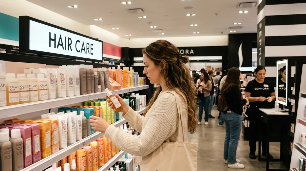 Customer choosing hair care products in Sephora Dubai Mall