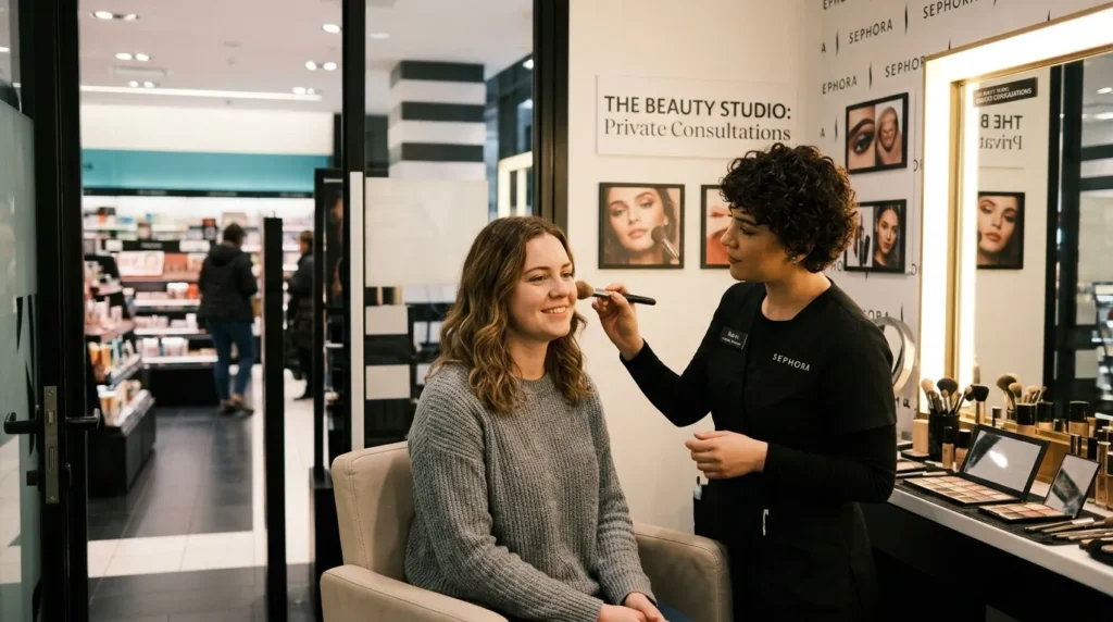 Customer getting makeup service at Sephora beauty studio in Dubai Mall