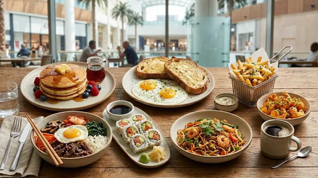 Breakfast at Social House Dubai Mall with pancakes, eggs, toast, sushi, noodles, rice bowl, dynamite shrimp, and truffle fries