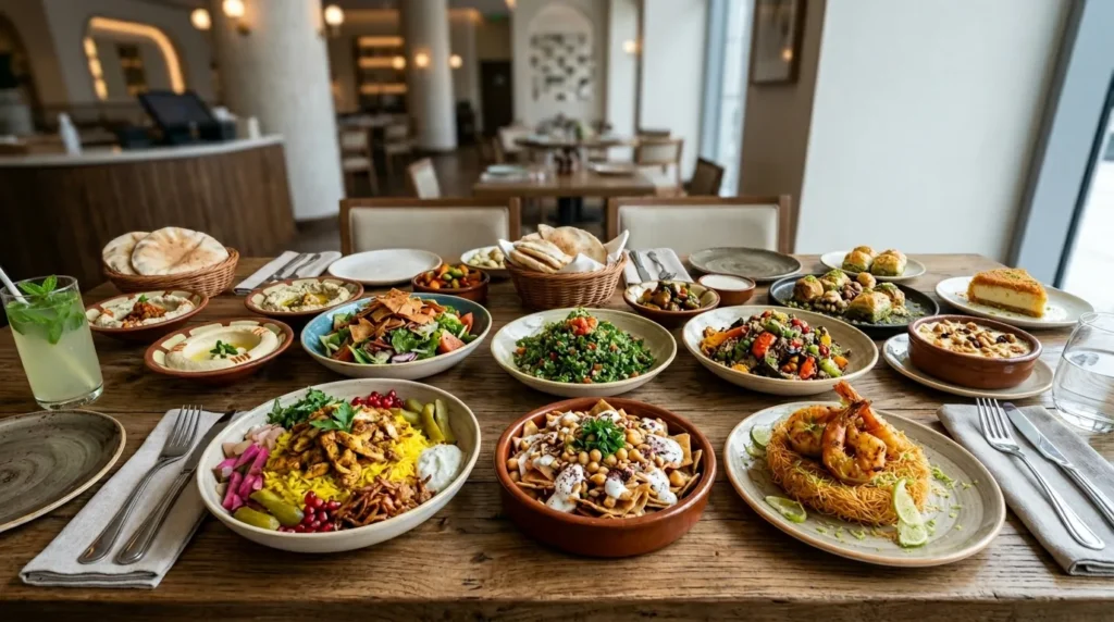 Somewhere Dubai Mall food spread with shawarma rice, fatteh, shrimp kunafa and Middle Eastern dishes