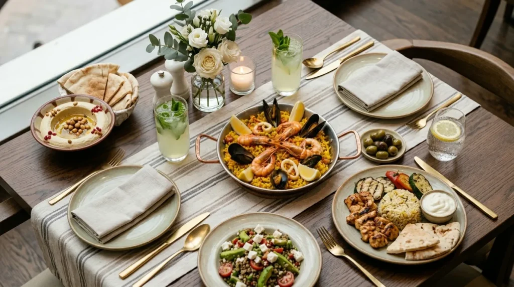 Somewhere Dubai Mall seafood rice, hummus, grilled chicken and fresh salad on a dining table