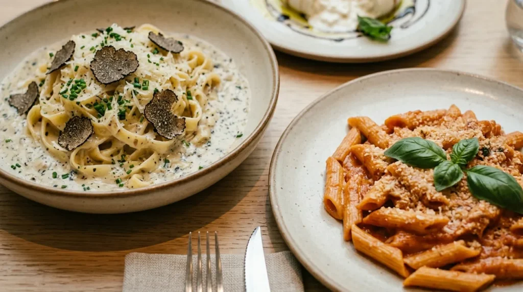 Table Otto Italian dishes with truffle pasta in creamy sauce and penne arrabbiata topped with parmesan and basil