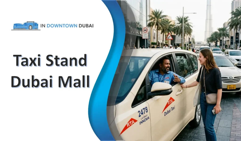 Taxi stand Dubai Mall with RTA taxi driver picking up tourist near mall entrance