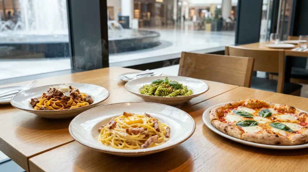 Vapiano Italian meal with carbonara pasta, beef ragu tagliatelle, pesto pasta, and margherita pizza near a fountain view