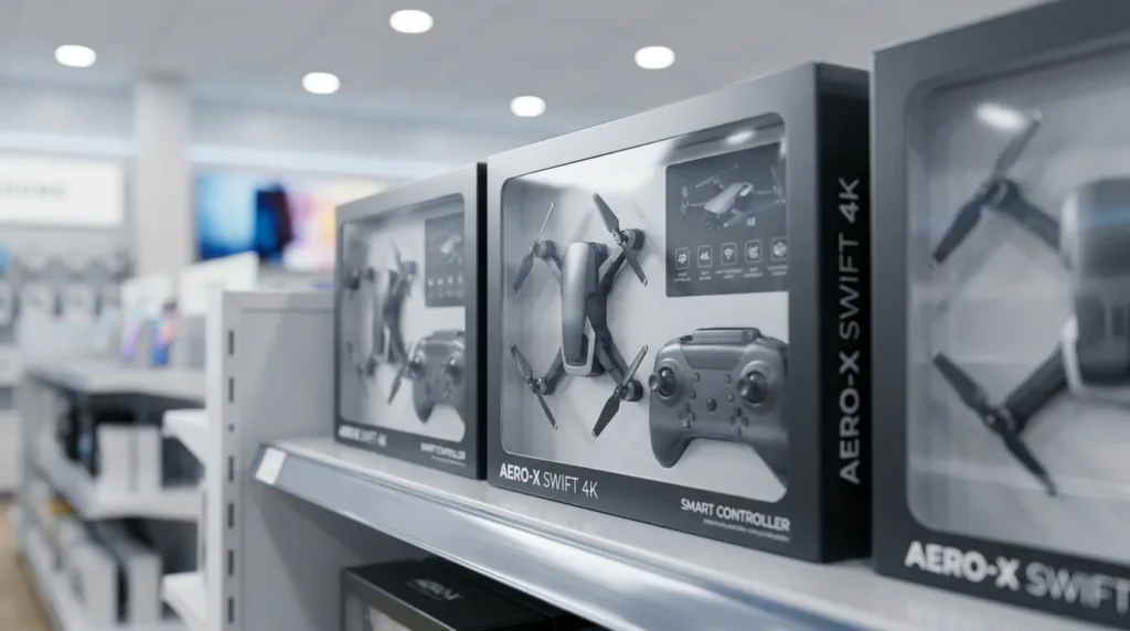 Consumer drones with controllers displayed on shelves at Virgin Megastore Dubai Mall