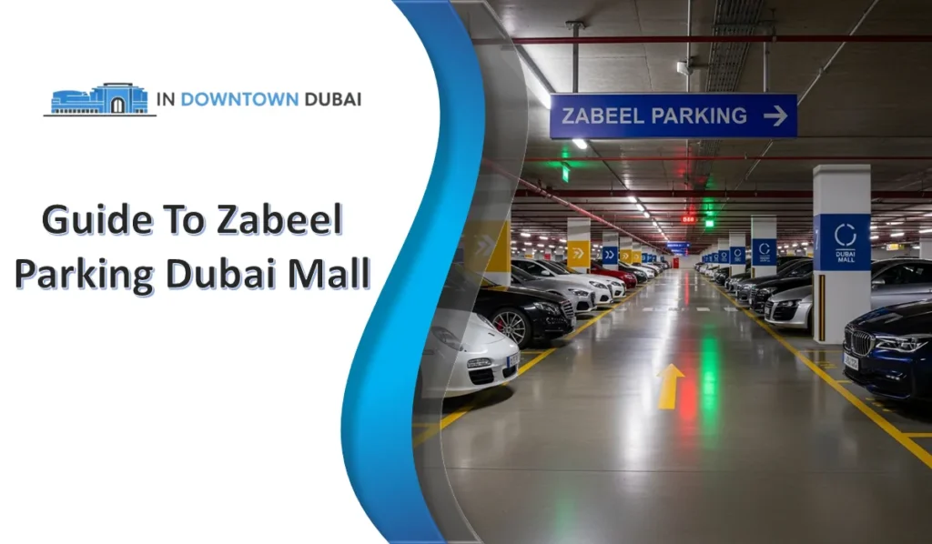 Zabeel parking Dubai Mall entrance with parking lanes and direction signs