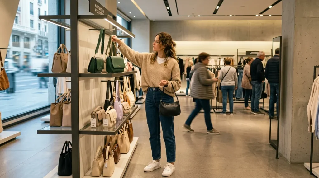 Woman browsing handbags section in Zara Dubai Mall store