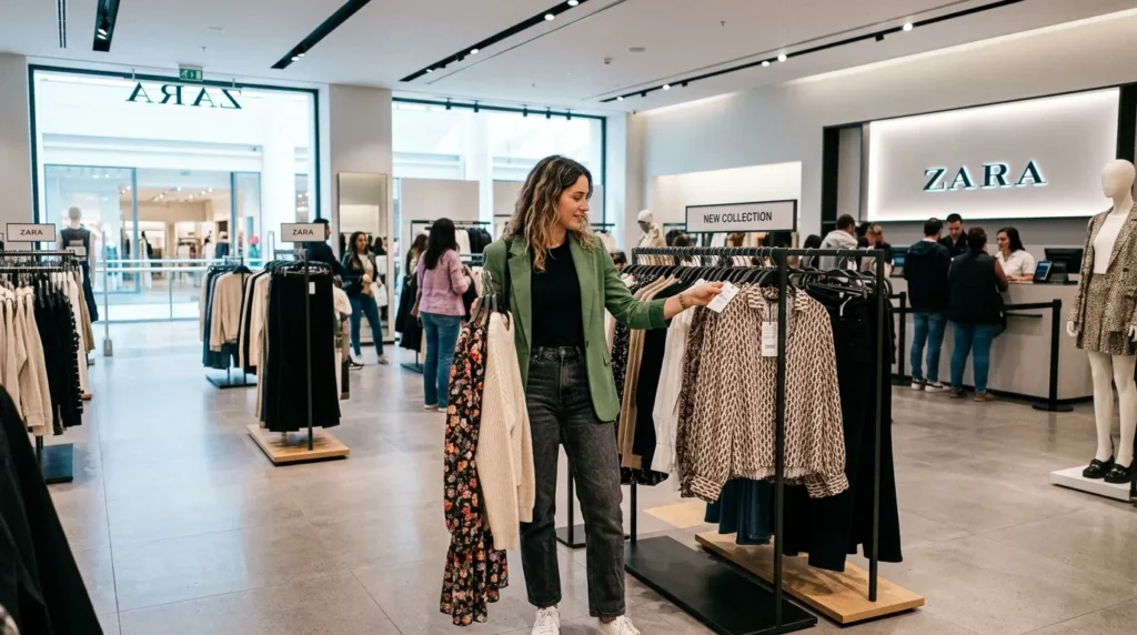 Woman shopping inside Zara Dubai Mall browsing clothing collection