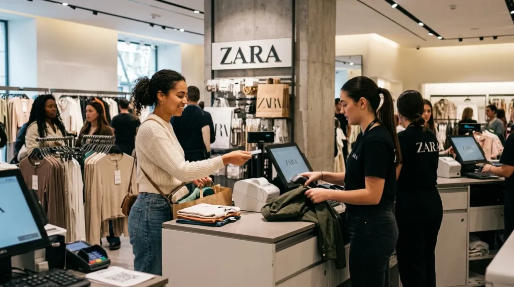Customer shopping at Zara store in Dubai Mall during checkout