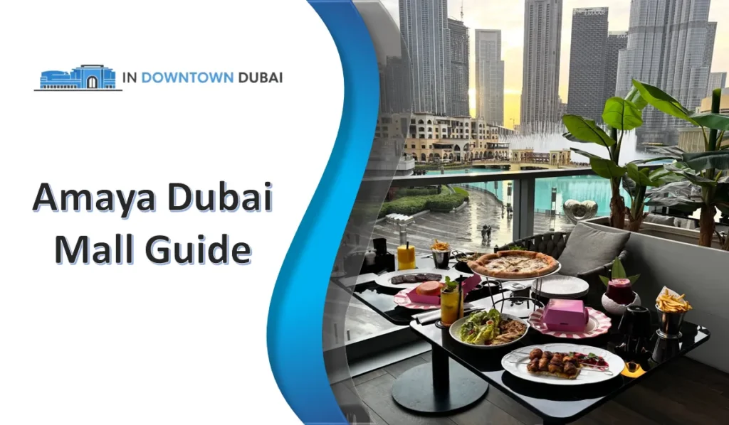 Amaya Dubai Mall guide showing terrace dining with food and Dubai Fountain view