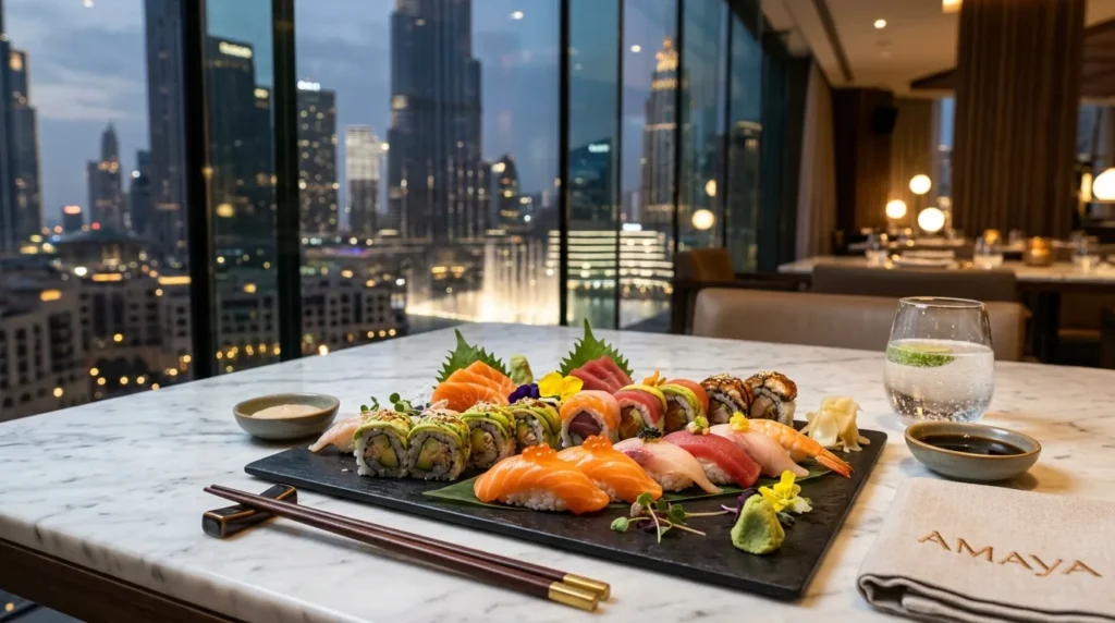 Amaya Dubai Mall sushi platter on marble table with Burj Khalifa and fountain view in background