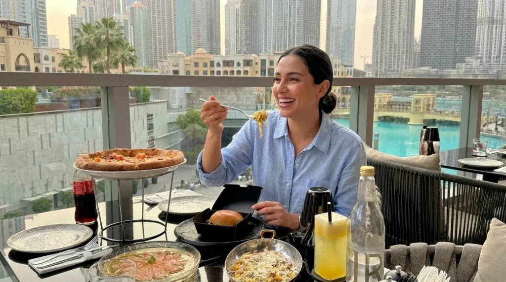 Outdoor dining at Amaya Dubai Mall terrace with food, drinks, and Dubai Fountain view