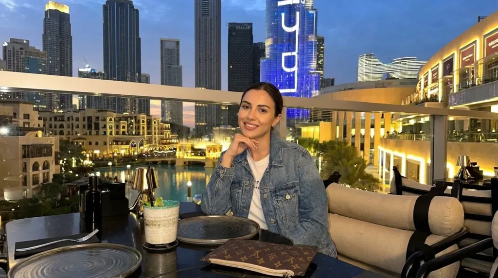 Amaya Dubai Mall terrace dining with Burj Khalifa and Dubai Fountain night view