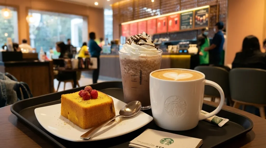 Coffee and dessert at a cafe near Starbucks in Dubai Mall