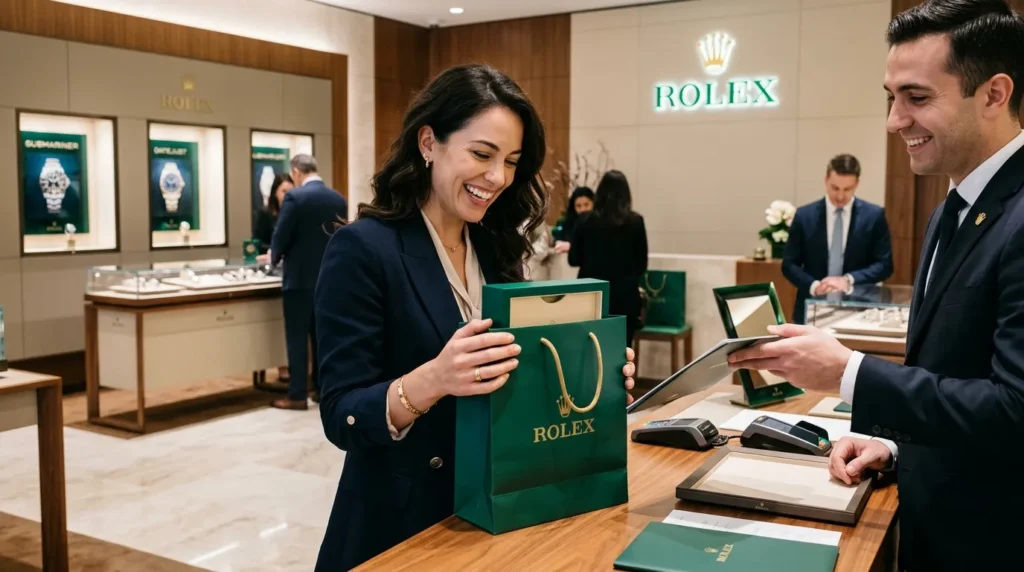 Customer purchasing a Rolex watch inside the Rolex Dubai Mall store