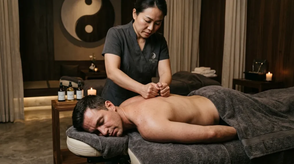 Therapist performing deep tissue massage therapy on a client in a luxury spa in Dubai