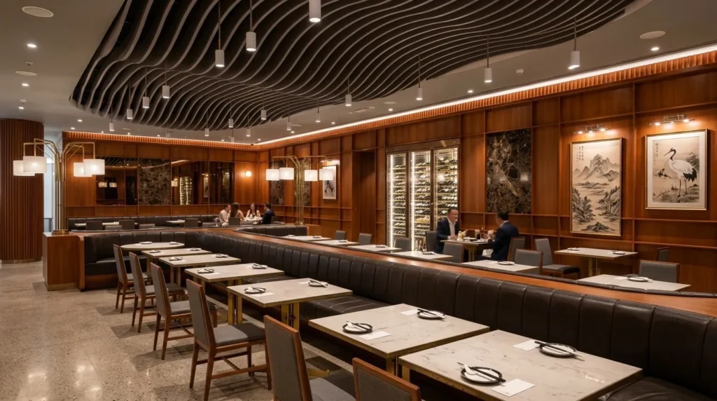 Elegant interior seating area at Din Tai Fung Dubai Mall restaurant in Downtown Dubai