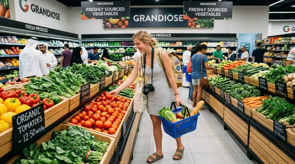 Tourist buying vegetable on Grandiose Supermarket in Dubai Mall