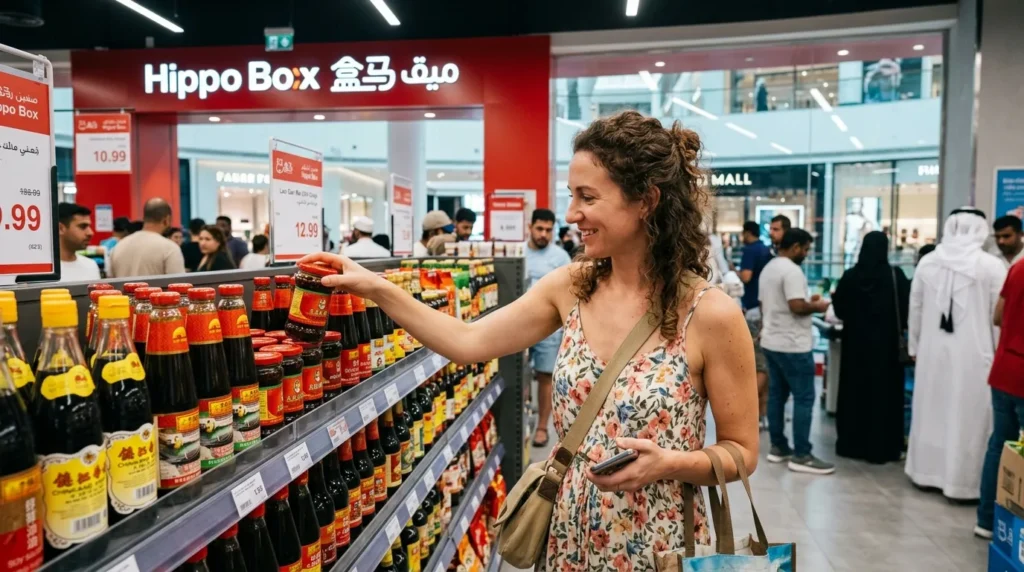 Tourist buying chinese sauces in Hippo Box Supermarket