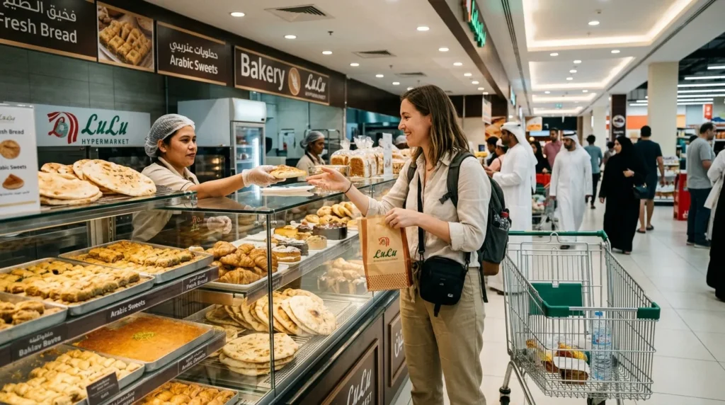 Tourist buying bakery items at lulu hypermarket dubai mall