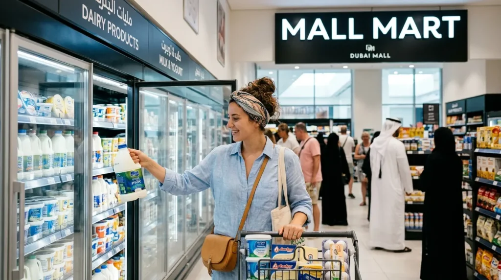 Tourist buying dairy products on mall mart dubai