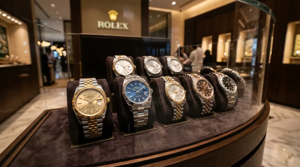 Luxury Rolex Datejust watches displayed inside the Rolex Dubai Mall store