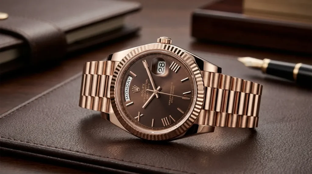 Rolex Day Date luxury watch displayed at the Rolex Dubai Mall store