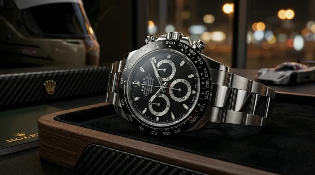 Rolex Daytona luxury watch displayed inside the Rolex Dubai Mall boutique