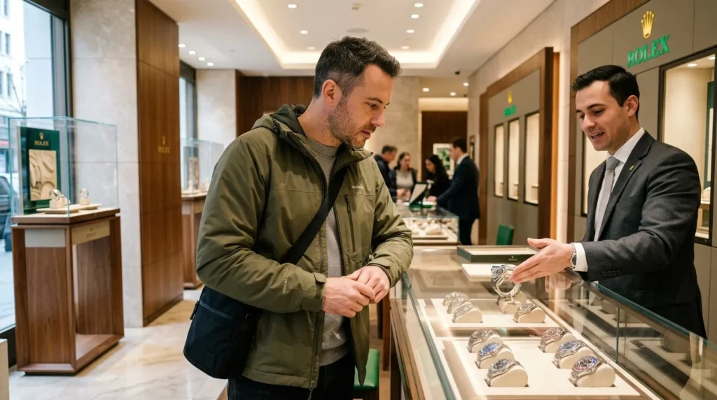 Customer exploring Rolex watches inside the Rolex Dubai Mall flagship boutique at Fashion Avenue