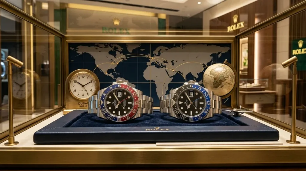 Rolex GMT Master II watches displayed inside the Rolex Dubai Mall boutique