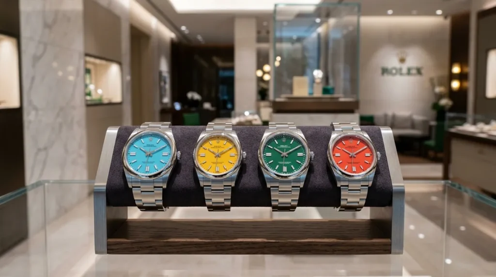 Colorful Rolex Oyster Perpetual watches displayed inside the Rolex Dubai Mall store