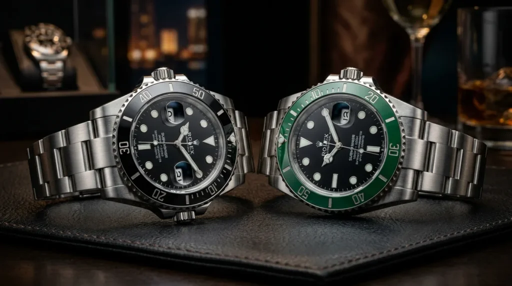 Rolex Submariner luxury watches displayed inside the Rolex Dubai Mall boutique