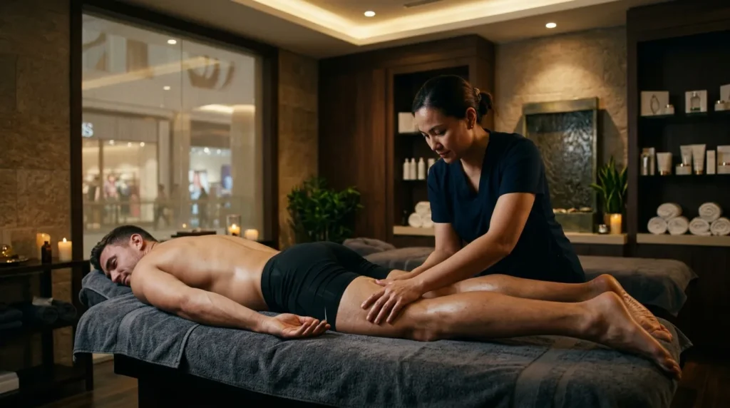 Professional sports massage therapy session for muscle recovery and body relaxation at a luxury Dubai Mall spa