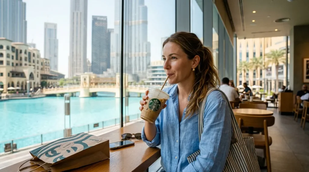 Woman enjoying Starbucks iced coffee